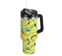 RPLIFE Sliced Lemons Green Leaves Tumbler with Handle 30 Oz, Stainless Steel Insulated Cup with Straw for Men Women Travel