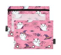 RPLIFE Three Hole Punch Pencil Pouch with Clear Window, 2 Pack Girls Binder Zipper Pouch Kids School Supplies, 9.8″ × 7″, Cute Cartoon Halloween Ghosts Pink