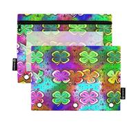 RPLIFE Three Hole Punch Zipper Pouch with Clear Window, 2 Pack Fabric Pencil Pouch Girls Kids School Supplies, 9.8″ × 7″, Colorful Shamrock Clover Leaves