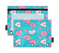 RPLIFE Three Hole Punch Zipper Pouch with Clear Window, 2 Pack Kids Pencil Pouch Kids School Supplies, 9.8″ × 7″, Pink White Heart Shaped Blue