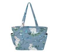 RPLIFE Tote Bag with Cup Holder, Blue Flower Rabbit Work Totes