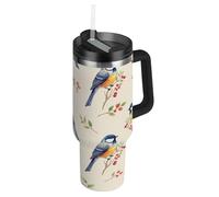 RPLIFE Tumbler with Lid and Straw 30 Oz, Stainless Steel Insulated Tumblers for Men Women Travel, Watercolor Songbirds Beige