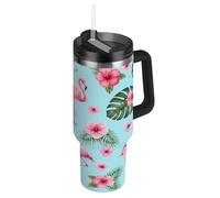 RPLIFE Tumbler with Lid and Straw 40 Oz, Stainless Steel Insulated Tumblers for Men Women Travel, Tropical Pink Flamingos Blue