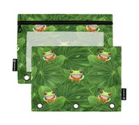 RPLIFE Vibrant Frog Tropical Green Leaves 2 Pack Three Hole Punch Pencil Pouch for Kids School, Large Clear Pencil Pouch for Boys Girls, 9.8″ × 7″
