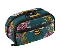 RPLIFE Vintage Bee Floral Dark Green Pencil Case for Students Large Capacity Pencil Bag,Multi Compartment Stationery Organizer with Clear PVC Pocket