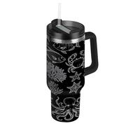 RPLIFE White Line Fish Crab Black Tumbler with Handle, Stainless Steel 40 Oz Insulated Coffee Cup with Lid for Women Men Travel