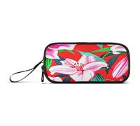 RPLIFE White Pink Lily Flowers Red Pencil Pouch Pack, Long Pencil Pouch, Zipper Pencil Bag