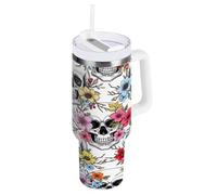 RPLIFE White Skull Colorful Flower 40 Oz Tumbler with Handle, Stainless Steel Water Bottle with Straw, Coffee Tumbler