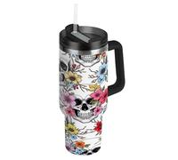 RPLIFE White Skull Colorful Flower Tumbler with Handle, Stainless Steel 40 Oz Insulated Tumblers with Lids and Straws for Women Men Travel
