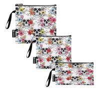 RPLIFE White Skull Colorful Flower Washable Fabric Snack Sandwich Bags Reusable, Zipper Food Bags for Travel Work Office School (Set of 3: S/M/L)