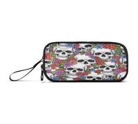 RPLIFE White Skulls Colorful Flowers Basic Pencil Bag, Zip Pencil Case, Medium Pencil Case