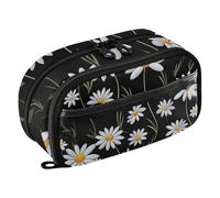 RPLIFE White Wild Daisies on a Black Kids Pencil Case With Clear PVC Pocket Large Capacity Double Zipper Pencil Bag for School Supplies