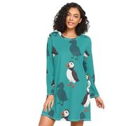 RPLIFE Womens Nightgown, Lounge Ladies Night Dress, Long Sleeve Night Shirts for Woman, Cartoon Puffins Teal, Cartoon Puffins Teal 2, S
