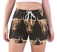 RPLIFE Women's Shorts Casual Comfy, Women's Athletic Shorts with Liner, Highland Cow Head, L
