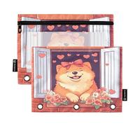RPLIFE Zippered Binder Pocket with Clear Window, 2 Pack Binder Pencil Pouch for Girls Kids School Supplies, 9.8″ × 7″, Cute Chow Dog with Bow