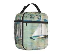 Rportable Lunch Bag Monet Sailing Boat Yacht with Birds Watercolor Brushstroke Compos,Insulatedreusable Lunch Box for Office Work School Picnic Beach,Leakproof Cooler Tote Bag
