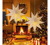 Rppiup 2 Pcs 45cm Light Up Paper Stars,Christmas Star Decorations, White 9-Pointed Foldable Paper Lampshade,Hanging Papér Stars Lantern for Xmas Tree Top/Windows/Xmas/Wedding/Party Decor (Incl.Lights)