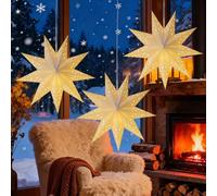 Rppiup 3 Pcs 45cm Light Up Paper Stars,Christmas Star Decorations, White 9-Pointed Foldable Paper Lampshade,Hanging Papér Stars Lantern for Xmas Tree Top/Windows/Xmas/Wedding/Party Decor (Incl.Lights)