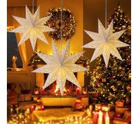 Rppiup 3 Pcs 45cm Light Up Paper Stars,Christmas Star Decorations, White 9-Pointed Foldable Paper Lampshade,Hanging Papér Stars Lantern for Xmas Tree Top/Windows/Xmas/Wedding/Party Decor (Incl.Lights)