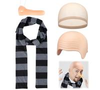 Rppiup 4Pcs Halloween Cartoon Cosplay Costume Accessories, Movie Fancy Dress for Kids Adults with Bald Cap, Long Nose, Wig Cap, Striped Scarf, Halloween Extended Bald Cap Set for Role Play Party