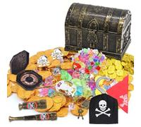 Rppiup Pirate Treasure Chest, Bronze Treasure Chest with 200g Gold Coins Plastic Gems, 12 PCS Pirate's Party Supplies, Vintage Style Gold Hunt for Halloween Pirate Themed Party Favors