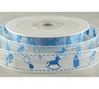 RPRIBBON 1 Metre cut length of Organza white ribbon printed blue baby design 15mm