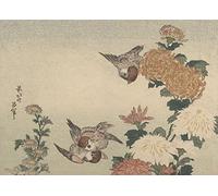 RPW Roystone Print Works Hokusai 'Sparrows and Chrysanthemums', Japan, 18-19th Century, Reproduction gloss A4 & A3 Ukiyo-e Classic Art Poster