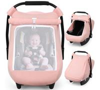 Rquite Car Seat Cover Baby, Carseat Covers Girl Boy, Breathable Muslin Cotton, Large Mesh Window, Infant Car Seat Canopy Baby Carrier Cover Stroller Sun Shade for Summer & Hot Day, Pink