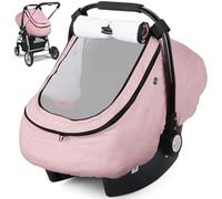 Rquite Car Seat Cover Baby, Winter Carseat Covers Boy Girl, Waterproof Infant Car Seat Cover, Warm Car Seat Canopy, Newborn Cold Weather Shield, Baby Carrier/Stroller Cover with 2 Layers Window, Pink