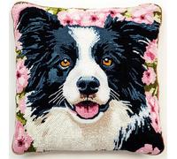 Rqwybcaxn DIY Latch Hook Kit Border Collie Dog Pink Blossom 3D Pillow Materials Package Embroidery Kits Cross Stitch Sofa Cushion Cover with Hook Tool Fit for Kids and Adults 17X17Inch