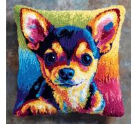 Rqwybcaxn DIY Latch Hook Kits,Colorful Chihuahua 17X17Inch Needlepoint Pillow Kit, Half Cross Stitch Kit, Embroidery Kit, Latch Hook Cushion Cover Hobby & Crafts