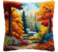 Rqwybcaxn Latch Hook Cushion Kits for Adults Autumn Forest Landscape 17X17In Rug Cover Pillowcase Kids Beginner DIY Needlework Embroidery Kits Handmade Set Craft Sofa Home Decor