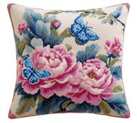 Rqwybcaxn Latch Hook Cushion Kits for Adults Blue Butterflies and Pink Peonies 17X17In Rug Cover Pillowcase Kids Beginner DIY Needlework Embroidery Kits Handmade Set Craft Sofa Home Decor