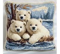 Rqwybcaxn Latch Hook Kit Cushion for Adults,Polar Bear Cubs DIY Craft Latch Hook Rug Kits Embroidery Latch Hook Pillow Cover Kit for Christmas/Gifts,17X17Inch