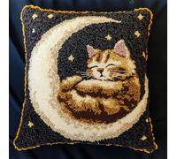 Rqwybcaxn Latch Hook Kits for Adults, Cat Lying On The Moon Simple Cushion Making Kit Embroidery Pillowcase DIY Craft Decor Kit Gift for Home Decor, 17" X 17"