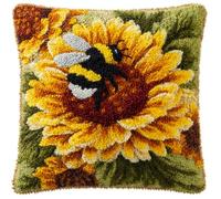 Rqwybcaxn Latch Hook Kits for Adults -Sunflower and Bee Latch Hook Pillow Kits for Kids, Crochet Yarn Kit for Beginners, DIY Needlework Crafts Cover Case with Printed Canvas 17X17Inch
