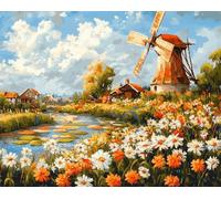 Rqwybcaxn Stamped Embroidery Kit for Beginners -Dutch Windmill Flower Sea 14Ct Stamped Cross Stitch DIY Craft Set,15.7X19.7Inch (40X50Cm) Hand Embroidery Kit for Adults Stitching Sewing Kit Gift
