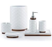 RQYIXI 6 Pcs White Contemporary Bathroom Accessories Set: Toothbrush Holder, Soap Dispenser, Tumbler, Soap Dish, Tray, Trash Can - Ceramic & Wood - Matte Finish