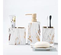 RQYIXI Bathroom Accessories Set 4 Pcs Marble Look Sets Toothbrush Holder Soap Dispenser Counter Top Ceramic Bathroom Decor Set Gold