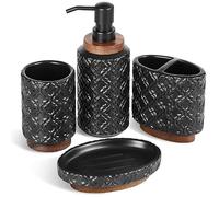 RQYIXI Bathroom Accessories Set 4 Pcs Toothbrush Holder Soap Dispenser Ceramic and Wood Bathroom Set Contain Toothbrush Cup Soap Dish Tumbler Black