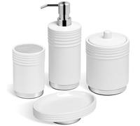 RQYIXI Bathroom Accessories Set 4 Pieces Ceramic Bathroom Accessory with Metal Base Set Contain Soap Dispenser Cotton Swab Jar Toothbrush Cup Soap Dish