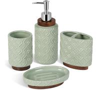 RQYIXI Bathroom Accessories Set 4 Pieces Toothbrush Holder Soap Dispenser Ceramic Green Bathroom Accessory Set Contain Toothbrush Cup Soap Dish Tumbler