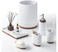RQYIXI Bathroom Accessories Set 6 Pcs Toothbrush Holder Soap Dispenser Ceramic and Wood Bathroom Set with Trash Can Soap Dispenser Toothbrush Holder Tray Tumbler Soap Dish White