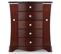 RR ROUND RICH DESIGN Jewelry Box - Made of Solid Wood with Tower Style 4 Drawers Organizer and 2 Separated Open Doors on 2 Sides and Large Mirror Brown