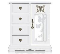 RR ROUND RICH DESIGN Solid Wooden Jewelry Box Makeup and Organizer Women Ring Storage with 4-Drawers Built-in Necklace Carousel and Mirror White