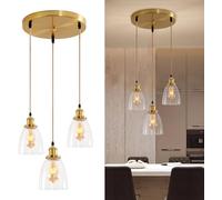 Rravdst 3 Way Glass Pendant Light, Pendant Light Fitting with Clear Glass Lampshades for Ceiling Lights, 3 Light Hanging Lights 2m Adjustable Loft Light for Kitchen Island Dining Room(ø14cm) Gold