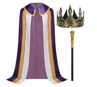 RRCBMD Adult King Cape for Men 3PCS Medieval Royal Robe with Crown Scepter Halloween LARP Cosplay (Purple,150CM)