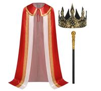RRCBMD Adult King Cape for Men 3PCS Medieval Royal Robe with Crown Scepter Halloween LARP Cosplay (Red,170CM)