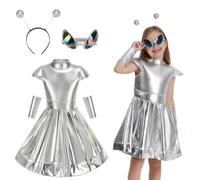 RRCBMD Kids Alien Costume 4PCS Silver Cosmic Galaxy Costume Girls Child Robot Outfit with Alien Glasses Halloween Cosplay S(4-5Y)