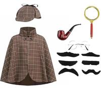 RRCBMD Kids Detective Costume 6 Piece Set with Hat and Magnifying Glass Halloween Cosplay Dress Up (Brown,60cm)